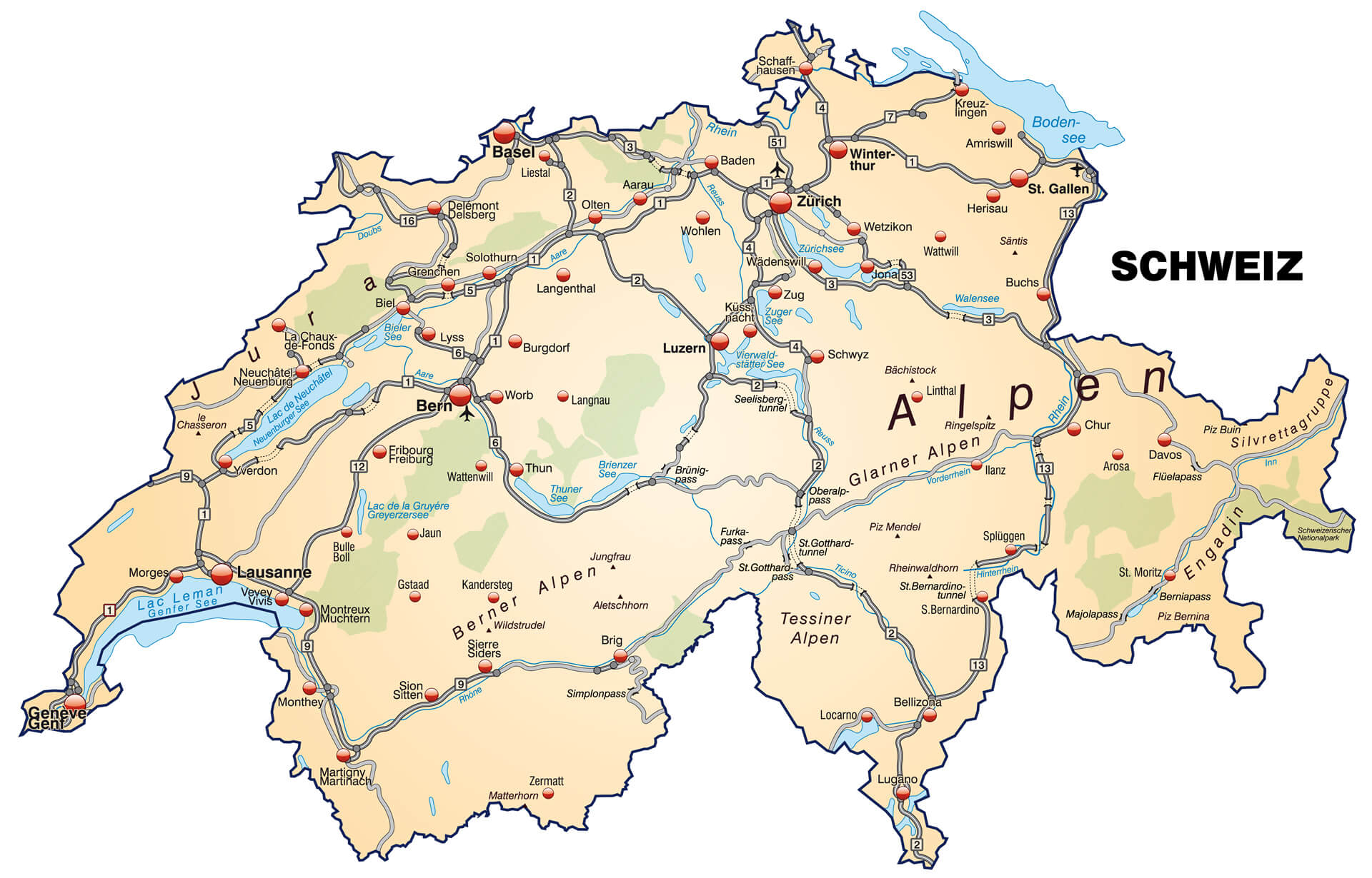 Lausanne und Karte der Schweiz mit Autobahnen